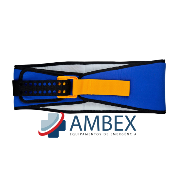 Cinta de Imobilização Pélvica Ambex para traumatismos. Ideal para fraturas, com fivela de controle. Estabiliza eficazmente em 3 etapas com segurança e conforto.